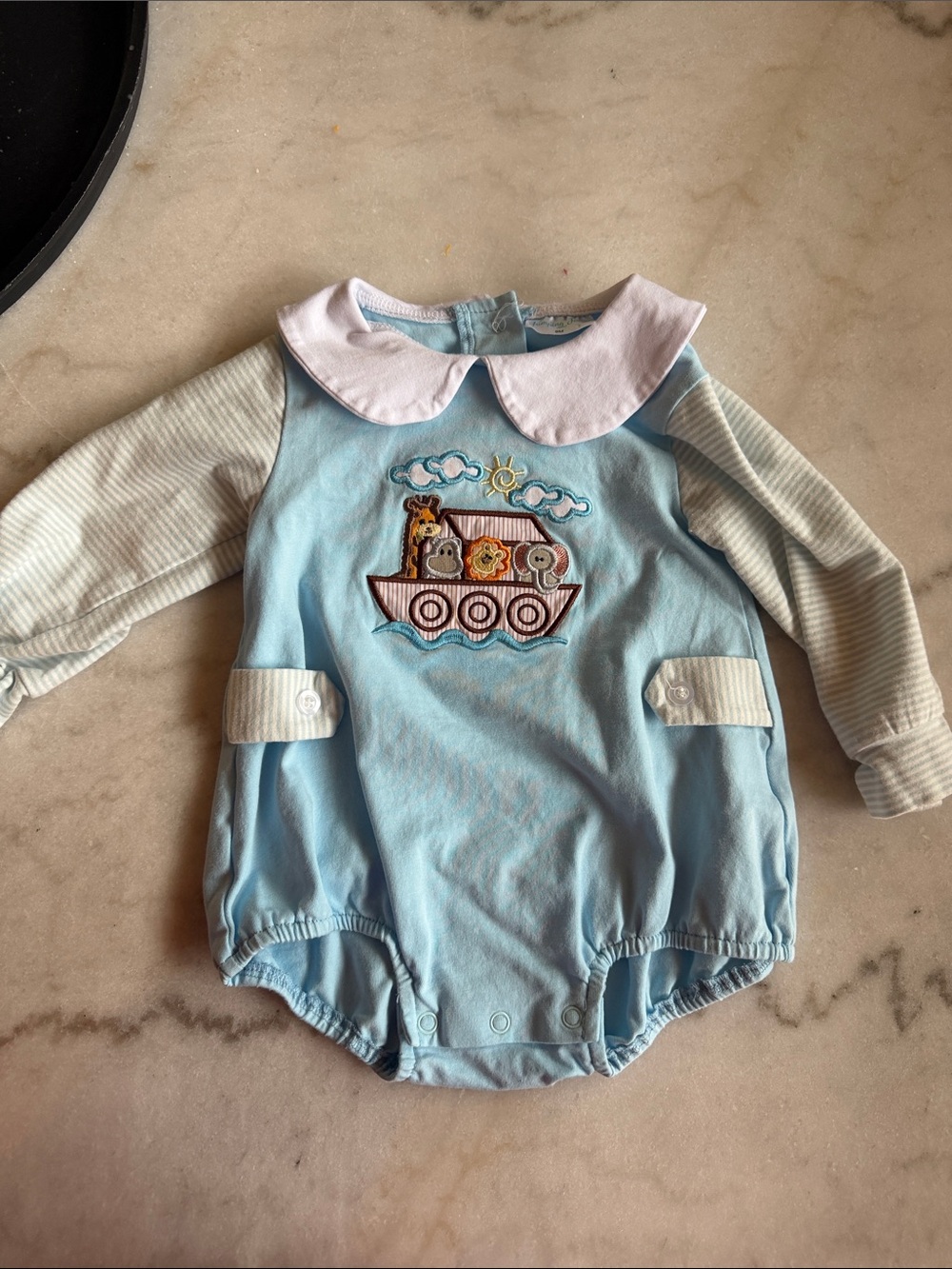 Light Blue Baby Romper with Noah's Ark Embroidery